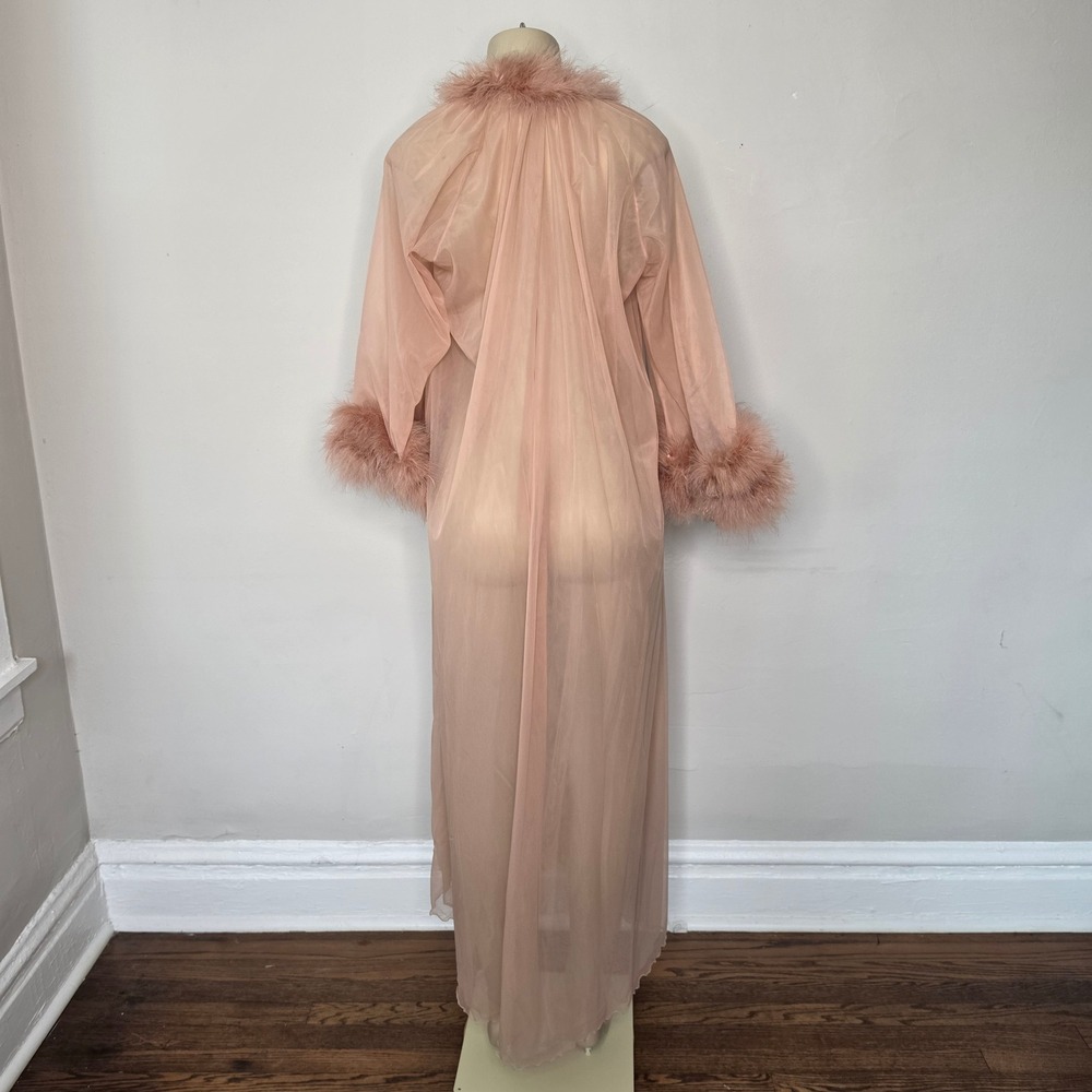 Intime of California Robe Women M Pink Sheer Feather Trim Long Mesh Vintage - Picture 2 of 10